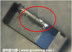 使用錫(Sn)鍍層的電源電感器(Power Inductors)，經過推力測試后，其焊點還保留在零件的端點上，所以推力比較高。