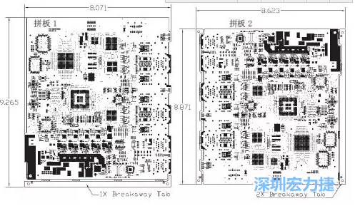 如圖7所示是使用不同數(shù)量邊條的拼板，拼板1僅使用了一個邊條，直接利用PCB另一邊作為SMT工藝傳送邊，并且PCB圖形中有合適的安裝孔；而拼板2則是按常規(guī)設(shè)計了兩個邊條。拼板方式為連接筋。圖中“Breakaway Tab”指邊條-深圳宏力捷