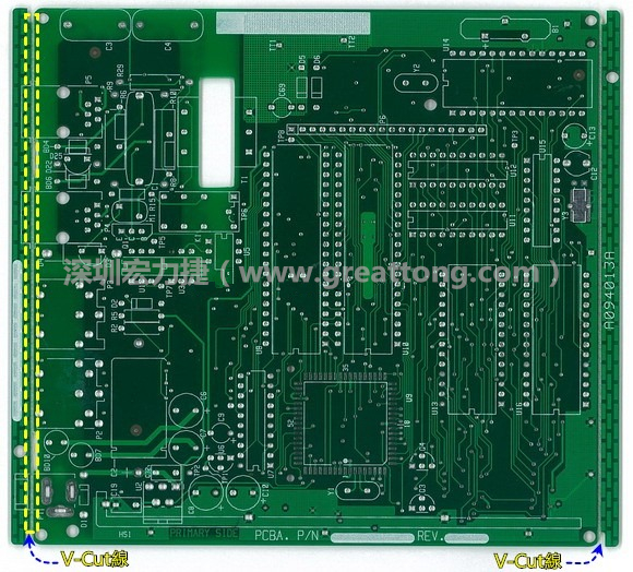 所謂【V-cut】是印刷電路板(PCB)廠商依據客戶的圖紙要求，事先在PCB的特定位置用轉盤刀具切割好的一條條分割線，其目的是為了方便后續SMT電路板組裝完成后的「分板(De-panel)」之用，因為其切割后的外型看起來就像個英文的【V】字型，因此得名。
