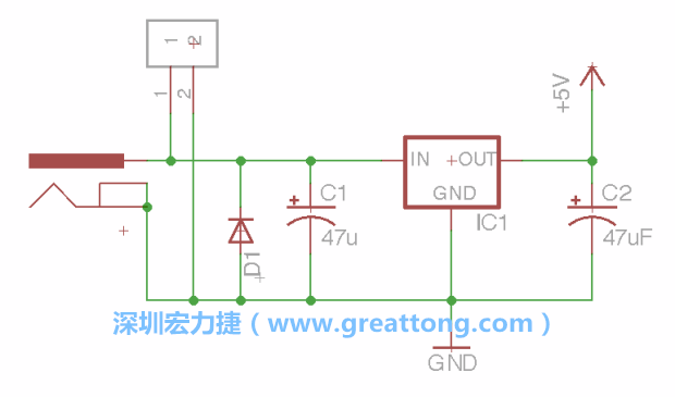2.5.    新增一個二極體，它會以水平的狀態(tài)出現(xiàn)在屏幕上，請使用「旋轉(zhuǎn)（Rotate）」工具把它負極那一面朝上，并且用「網(wǎng)絡連接」工具將它連接在電壓調(diào)整器的輸入端和接地端之間。