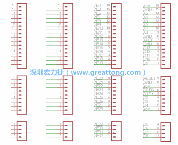 3.5.    你會發(fā)現(xiàn)EAGLE會給每條信號線都內(nèi)建一個標(biāo)簽，例如：N$2。現(xiàn)在請使用「命名（Name）」工具來為這些信號線重新命名，并使它們符合ATmega的針腳名稱。